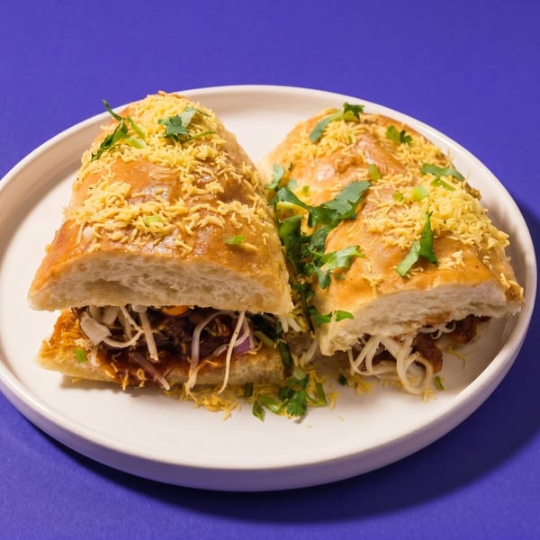Two halves of a sandwich filled with meat, sprouts, and topped with cheese and cilantro.