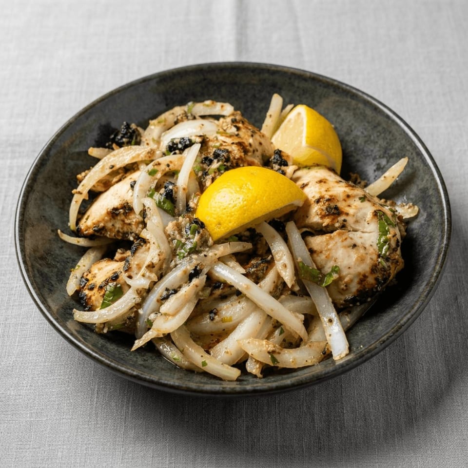 Grilled chicken pieces with sautéed onions, black olives, and lemon wedges in a dark bowl.