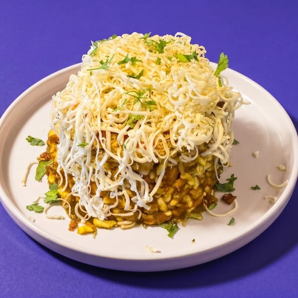 A tall, layered dish with a brown base, topped with white shredded cheese and green herbs.