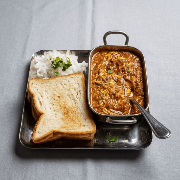 A metal tray holds a bowl of curry, two slices of toast, and a pile of chopped onions.