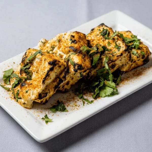 Grilled paneer tikka, marinated in spices and yogurt, garnished with fresh cilantro on a white plate.