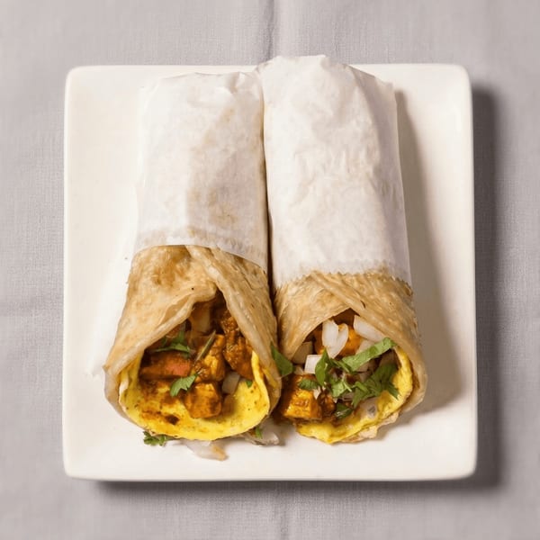 Two paneer kathi rolls, partially unwrapped, filled with paneer, onions, and cilantro on a white plate.