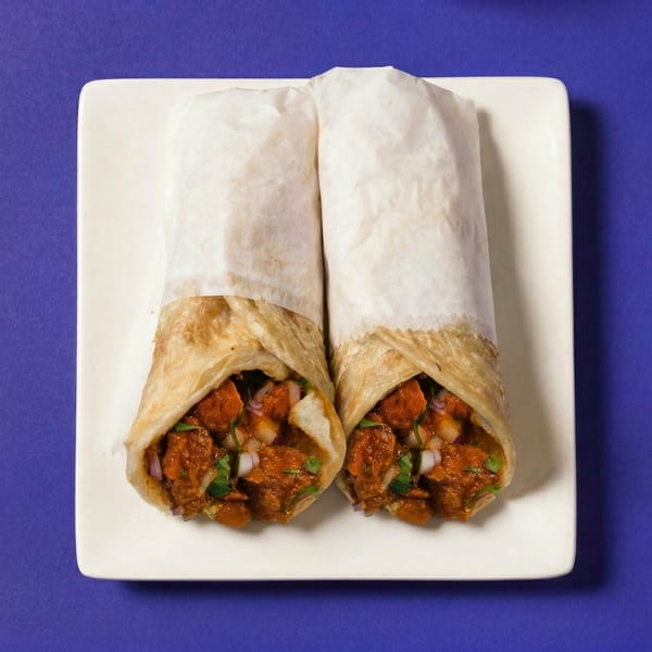 Two chicken tikka rolls, partially wrapped in paper, on a white plate against a purple background.