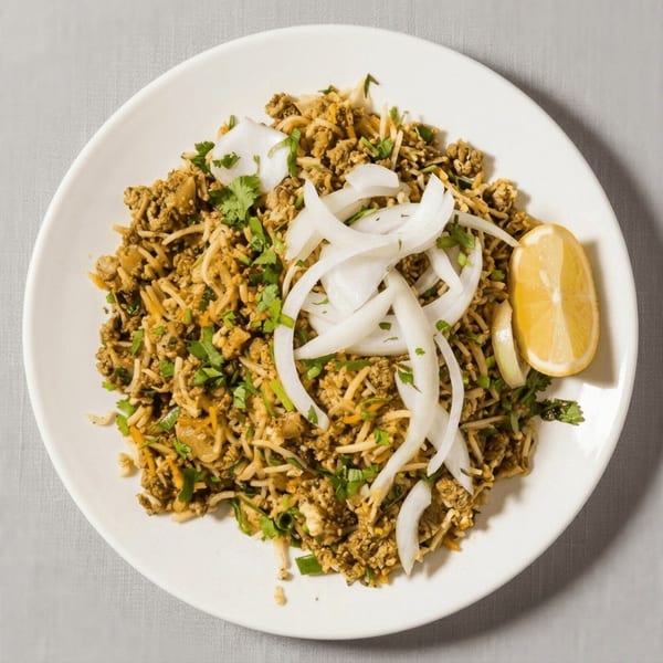 A white plate holds a serving of spiced ground meat and rice, garnished with sliced onions, cilantro, and a lemon wedge.