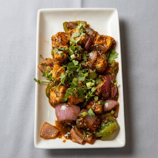 Chili Paneer, a dish with paneer cubes, red onions, and green peppers, garnished with cilantro.
