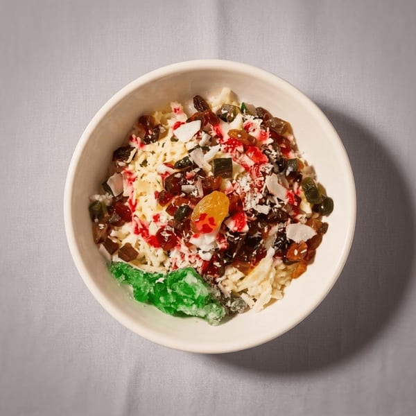 Overhead view of a dessert bowl with noodles, colorful candied fruits, and coconut flakes.